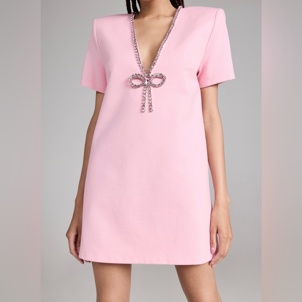 AREA Crystal Bow V Neck T-Shirt Dress, Pale Pink, M